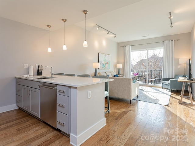 45 Asheland Ave Unit 302, Asheville, NC 28801 - kitchen featuring sink, hanging light fixtures, gray cabinets, dishwasher, and light hardwood / wood-style floors