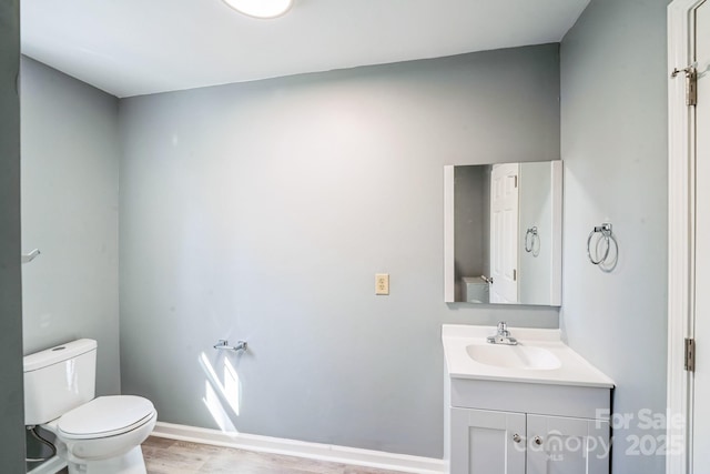 bathroom with vanity, wood-type flooring, and toilet