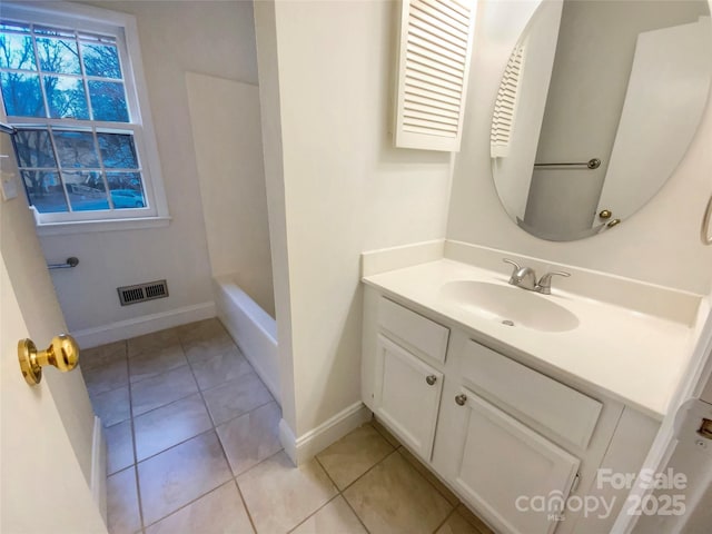 bathroom featuring tile patterned flooring, visible vents, vanity, and baseboards