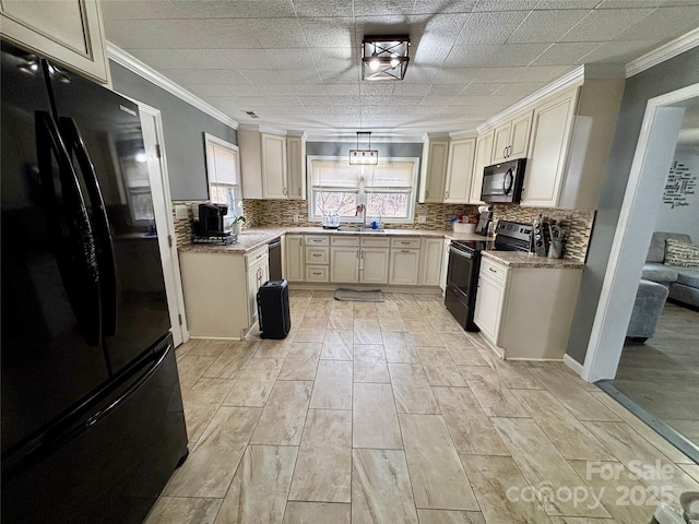 kitchen with tasteful backsplash, hanging light fixtures, ornamental molding, a sink, and black appliances