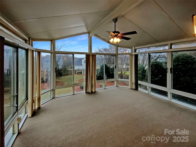 unfurnished sunroom with ceiling fan and lofted ceiling with beams