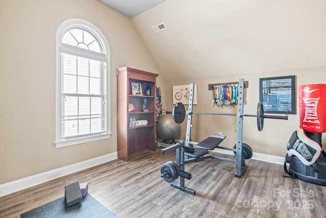 workout room featuring lofted ceiling and hardwood / wood-style floors