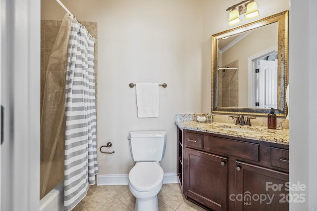 full bathroom with vanity, tile patterned flooring, toilet, and shower / bathtub combination with curtain