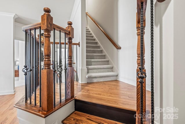 stairway with hardwood / wood-style flooring