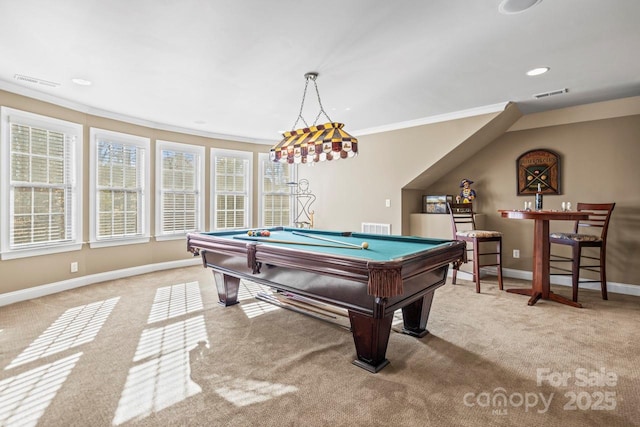 rec room with billiards, light carpet, and crown molding