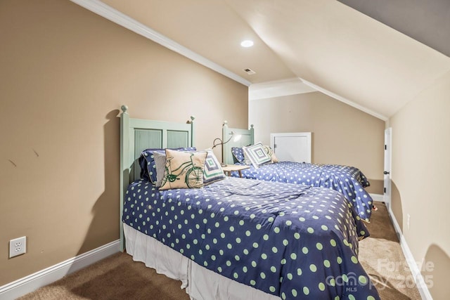 carpeted bedroom featuring crown molding and lofted ceiling