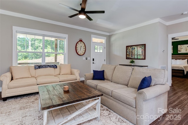 living area featuring visible vents, wood finished floors, a wealth of natural light, and crown molding