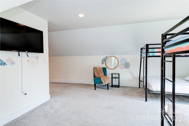 bedroom featuring carpet, vaulted ceiling, baseboards, and recessed lighting