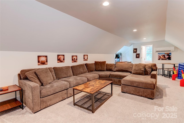 carpeted living room with lofted ceiling, a wall mounted air conditioner, and recessed lighting