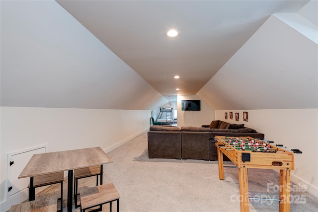 playroom featuring lofted ceiling, light colored carpet, baseboards, and recessed lighting