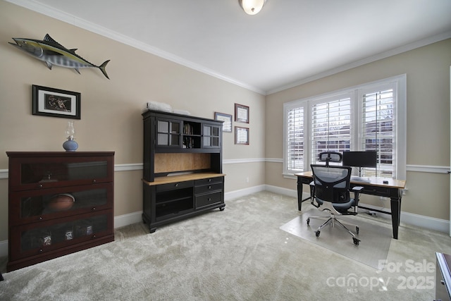 office featuring light carpet, crown molding, and baseboards