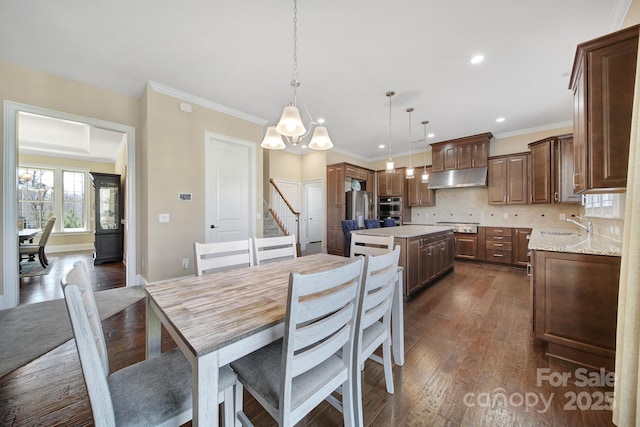 dining space featuring crown molding, baseboards, dark wood finished floors, stairway, and recessed lighting