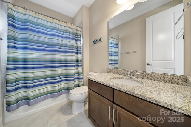 bathroom featuring shower / bathtub combination with curtain, toilet, vanity, and tile patterned flooring