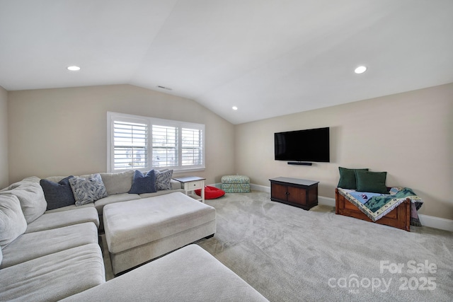 living area featuring recessed lighting, baseboards, carpet, and lofted ceiling