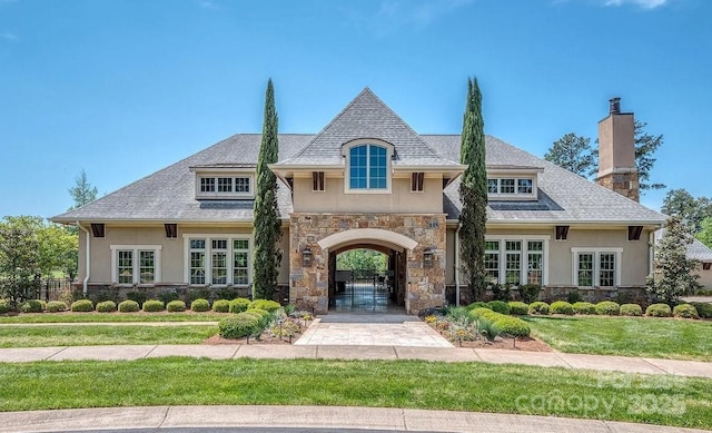 french country home featuring stucco siding, stone siding, and a front yard