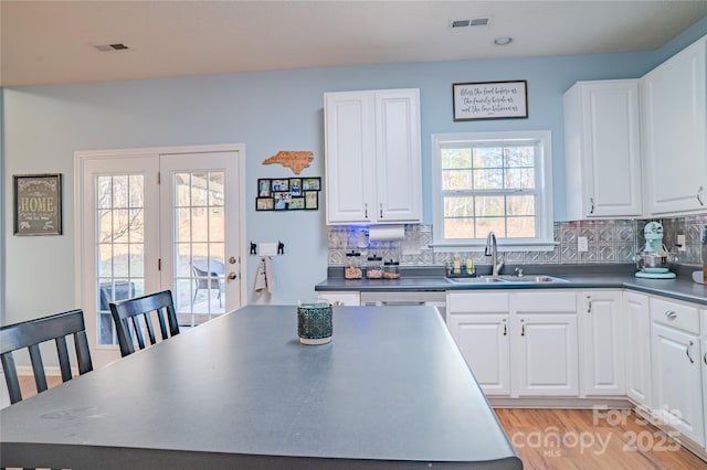 kitchen featuring tasteful backsplash, visible vents, dishwasher, white cabinetry, and a sink