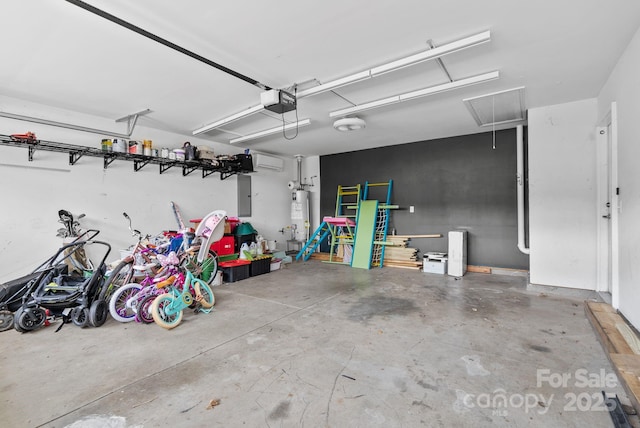 garage with a garage door opener, gas water heater, and electric panel