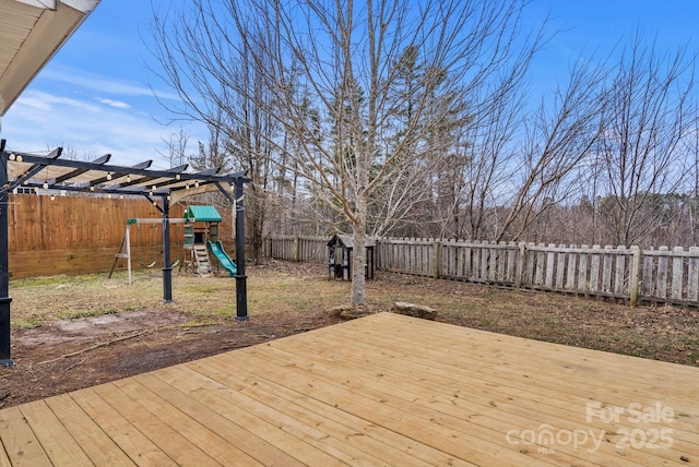 wooden deck with a playground