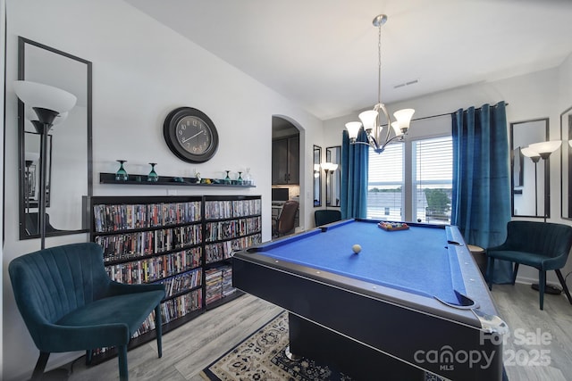 5239 Admirals Lndg, Lancaster, SC 29720 - rec room with light wood-type flooring, vaulted ceiling, billiards, and a notable chandelier