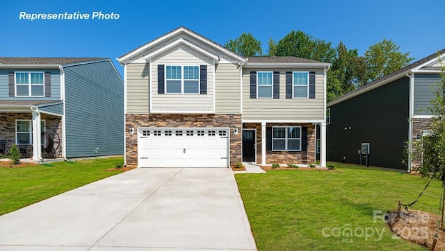 1382 6th St NE, Hickory, NC 28601 - craftsman-style house featuring stone siding, a front yard, a garage, and concrete driveway