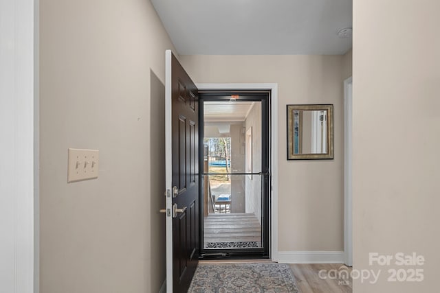 foyer entrance with light hardwood / wood-style flooring