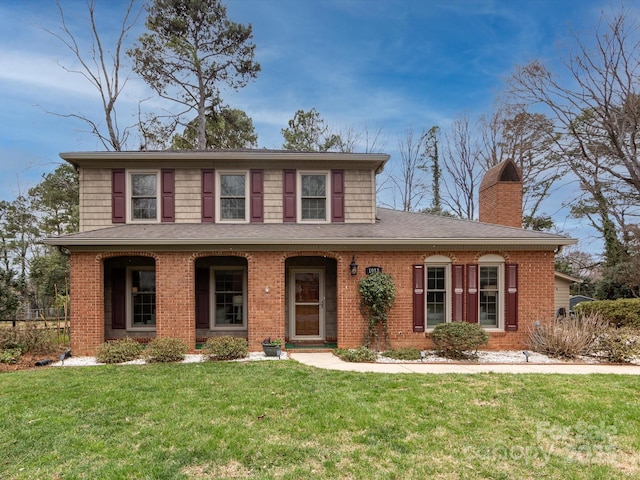 traditional-style home featuring brick siding, a chimney, and a front yard