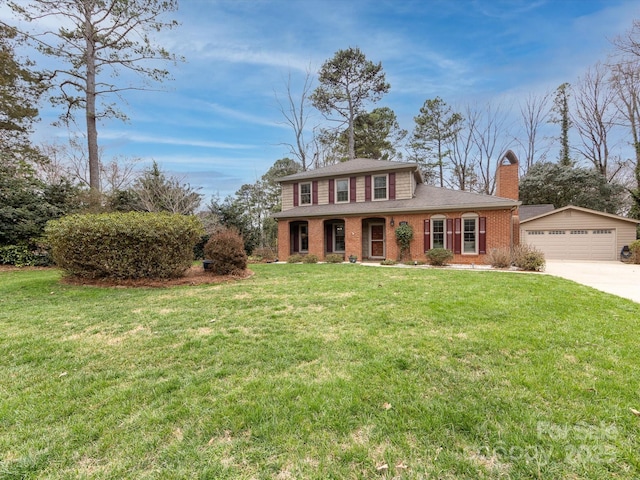 view of front of home featuring a garage, brick siding, a chimney, and a front lawn