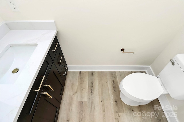 bathroom featuring vanity, toilet, and wood-type flooring