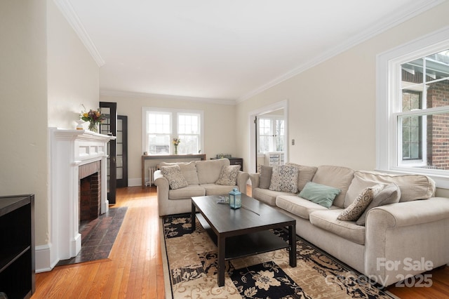 living area with crown molding, baseboards, wood finished floors, and a fireplace with flush hearth