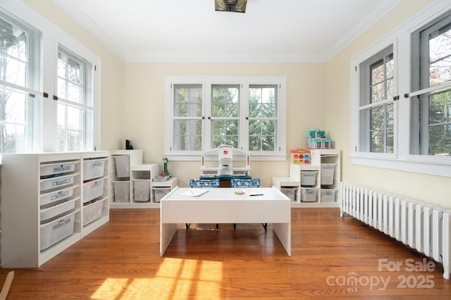 rec room with a wealth of natural light, radiator heating unit, crown molding, and wood finished floors