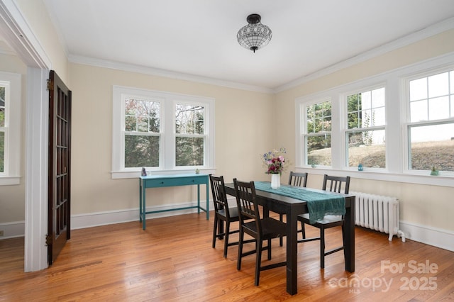 dining space with baseboards, radiator heating unit, wood finished floors, and ornamental molding