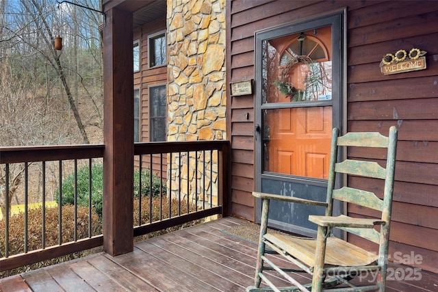 view of exterior entry with stone siding