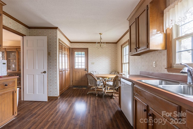 kitchen with dark wood-type flooring, sink, hanging light fixtures, a textured ceiling, and white dishwasher