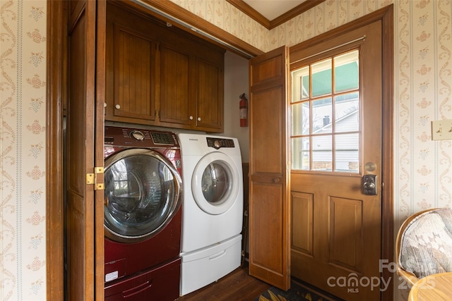 laundry room featuring cabinets, dark wood-type flooring, and independent washer and dryer