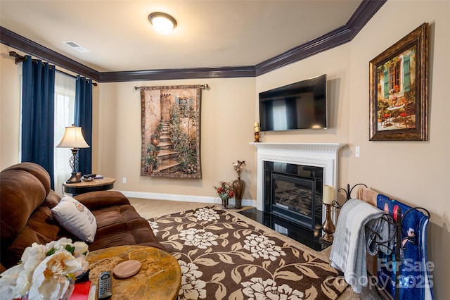 living room with crown molding and carpet floors