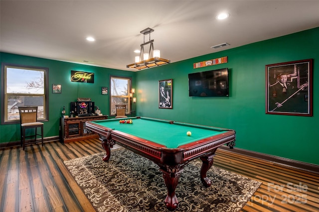 rec room with hardwood / wood-style floors and pool table