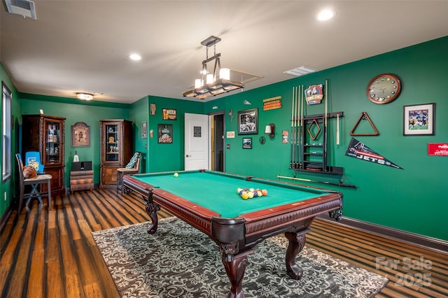 game room featuring dark wood-type flooring and billiards