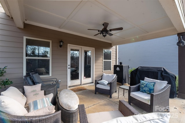 view of patio / terrace featuring ceiling fan and an outdoor hangout area