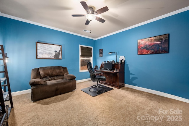 carpeted office space with crown molding and ceiling fan