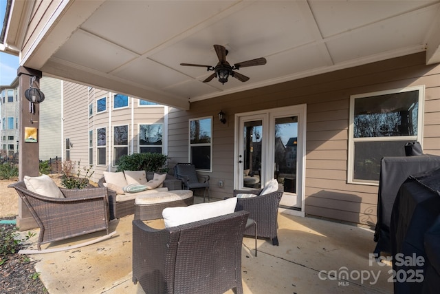 view of patio with an outdoor hangout area and ceiling fan