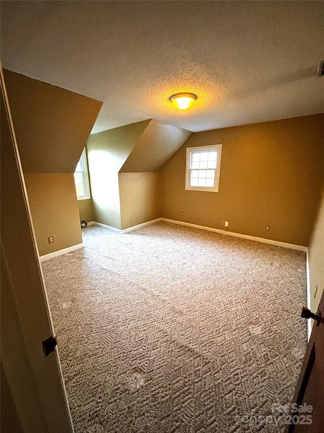 additional living space with a textured ceiling, lofted ceiling, visible vents, baseboards, and carpet