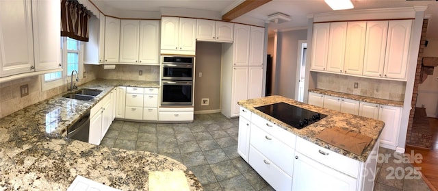 kitchen with black electric stovetop, double oven, a sink, light stone countertops, and dishwashing machine