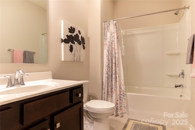 full bathroom with vanity, toilet, and shower / bath combo with shower curtain