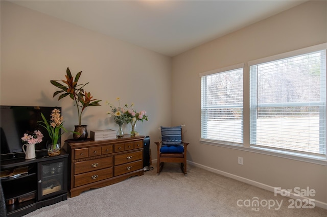 sitting room with light colored carpet and baseboards