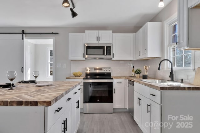 kitchen featuring stainless steel appliances, a barn door, a sink, and white cabinets