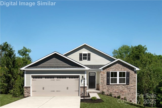 craftsman-style house featuring driveway, stone siding, a front lawn, and an attached garage