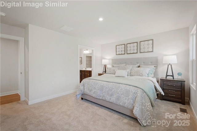 carpeted bedroom featuring visible vents, baseboards, connected bathroom, and recessed lighting