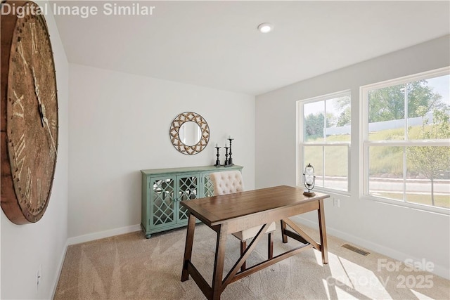 office area with light colored carpet, visible vents, and baseboards