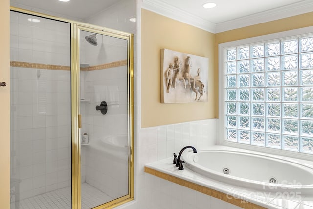 bathroom featuring crown molding and plus walk in shower