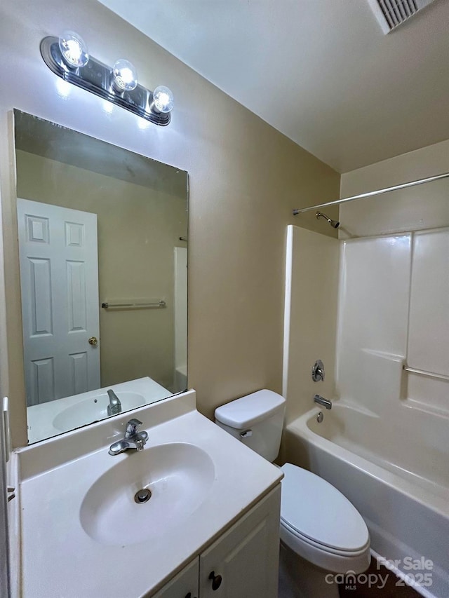 full bathroom with toilet, visible vents, tub / shower combination, and vanity